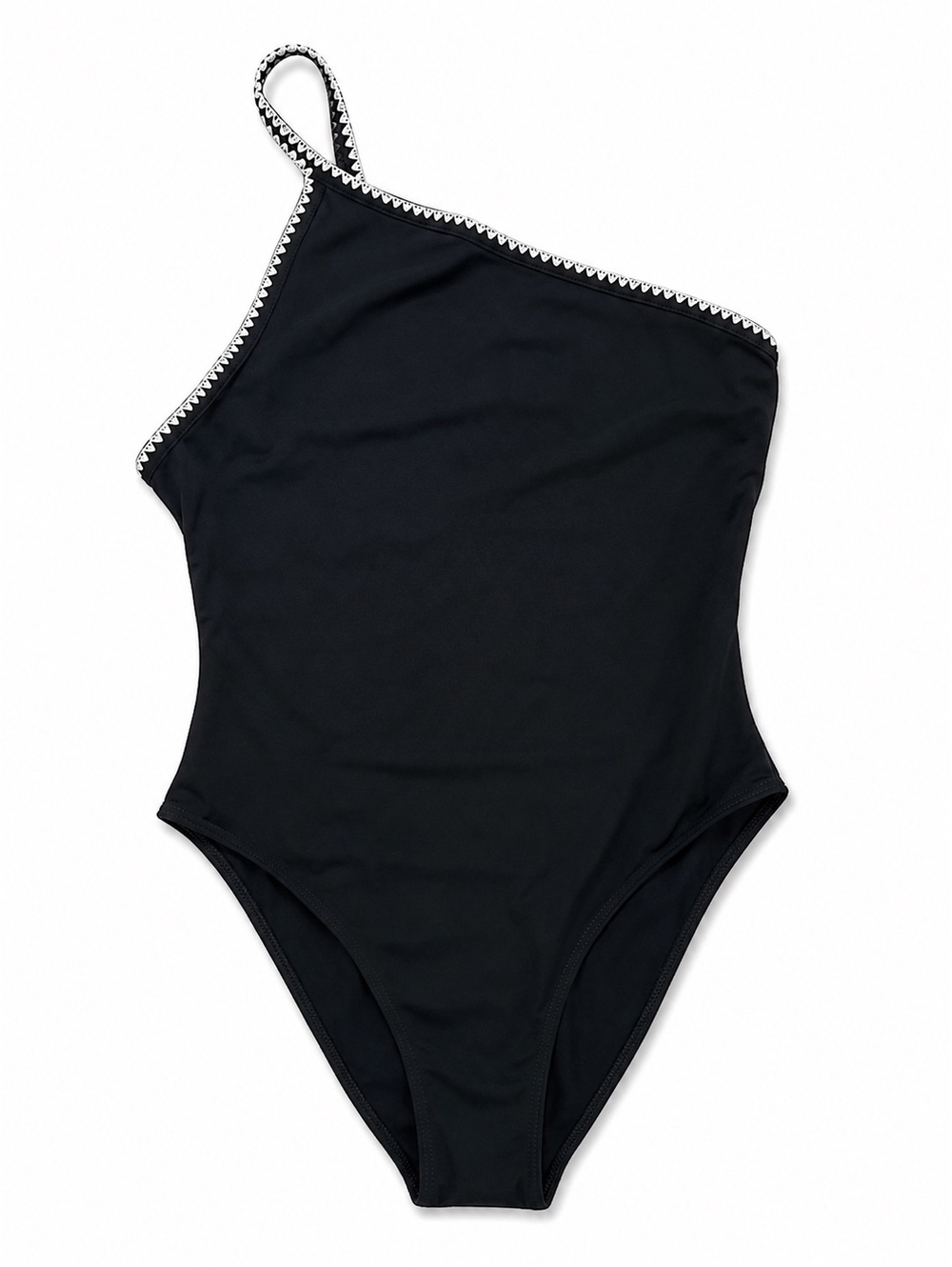 Zara One Shoulder Black One Piece Swimsuit Embroidered Trim Size Large